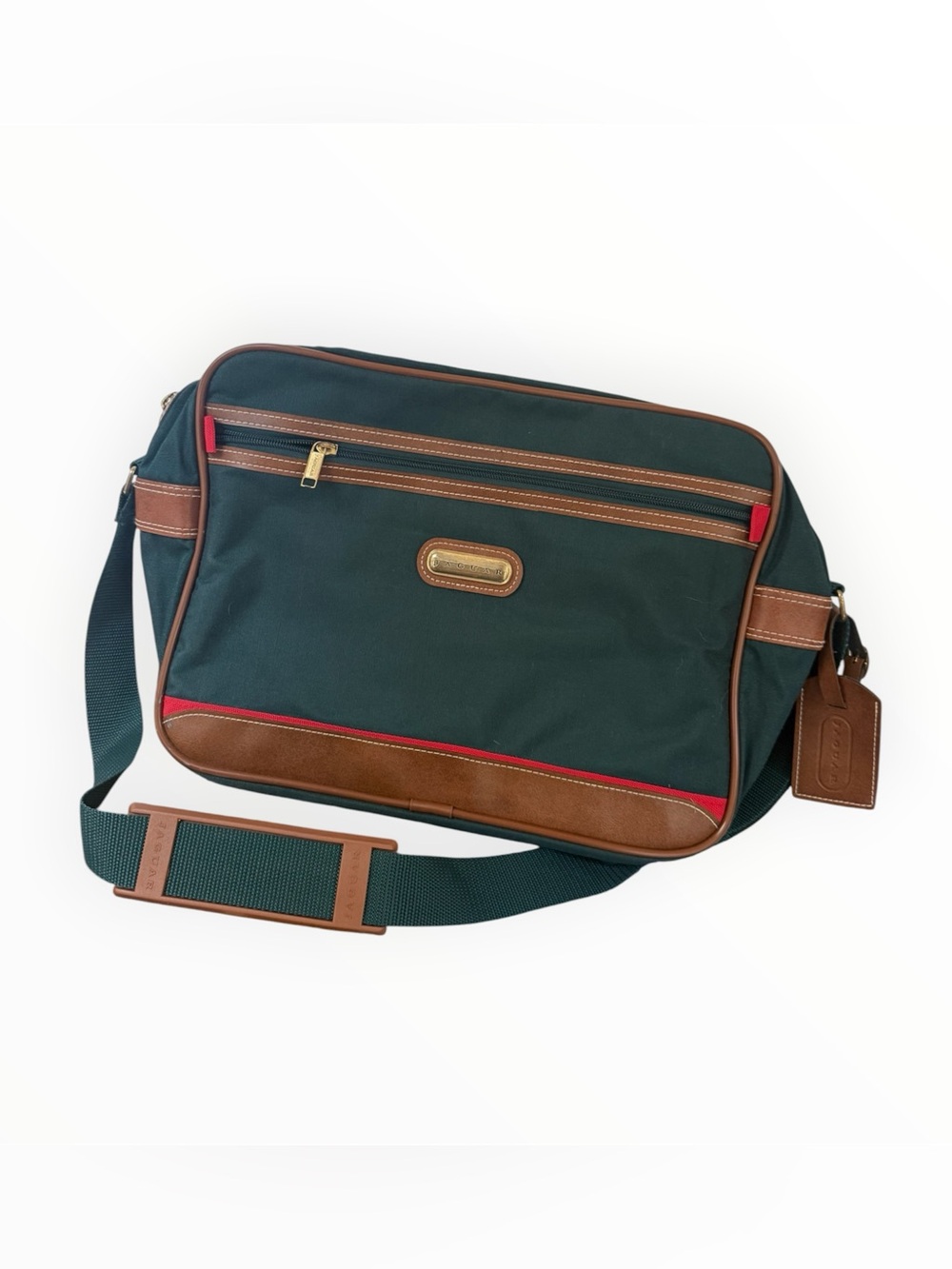 vintage Jaguar green canvas travel bag with brown leather trim